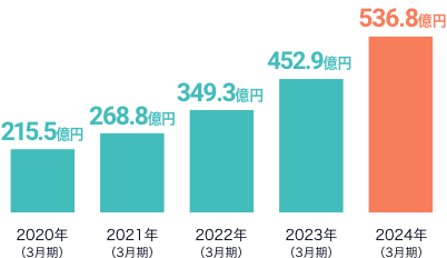 売上の推移: 2020年215.5億円,2021年268.8億円,2022年349.3億円,2023年452.9億円,2024年536.8億円