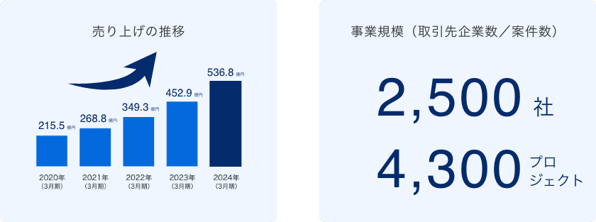 売り上げの推移・事業規模（取引先企業数／案件数）
