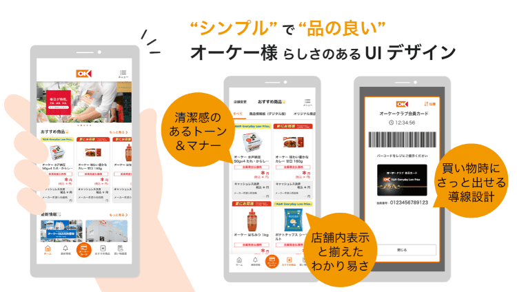 シンプルで品のいいオーケー様らしさのあるUIデザイン 1.清潔感のあるトーン&マナー、2.店舗内表示と揃えたわかりやすさ、3.買い物時にさっと出せる導線設計