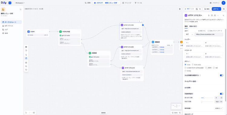 Dify Enterpriseの操作画面イメージ：ドラッグ＆ドロップでAIワークフローやエージェントを視覚的に構築している様子
